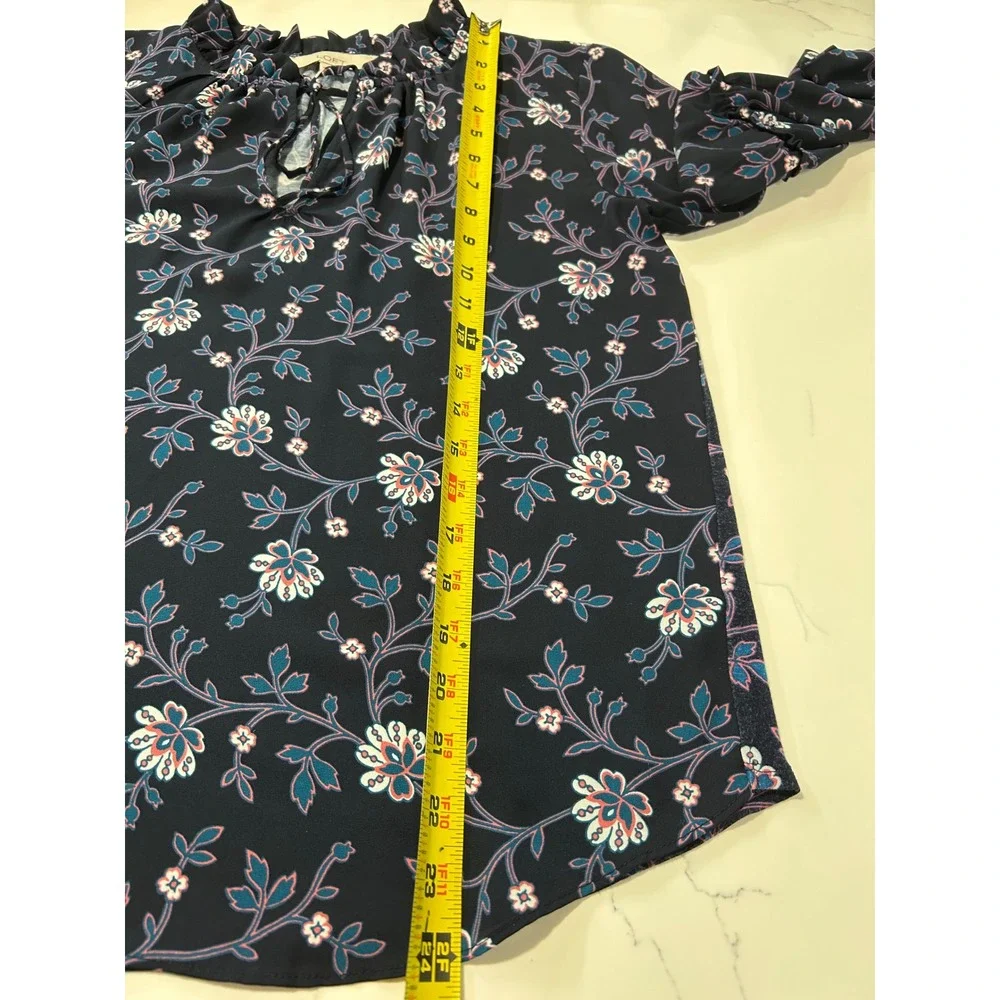 LOFT Navy Blue Floral Ruffle‎ Split Neck Long Sleeve Blouse XS Navy Pink Teal